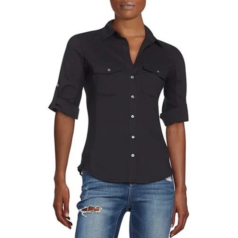 James Perse Utility Shirt Women 3 LG Black Roll Tab Sleeve Cotton WLC3321CU